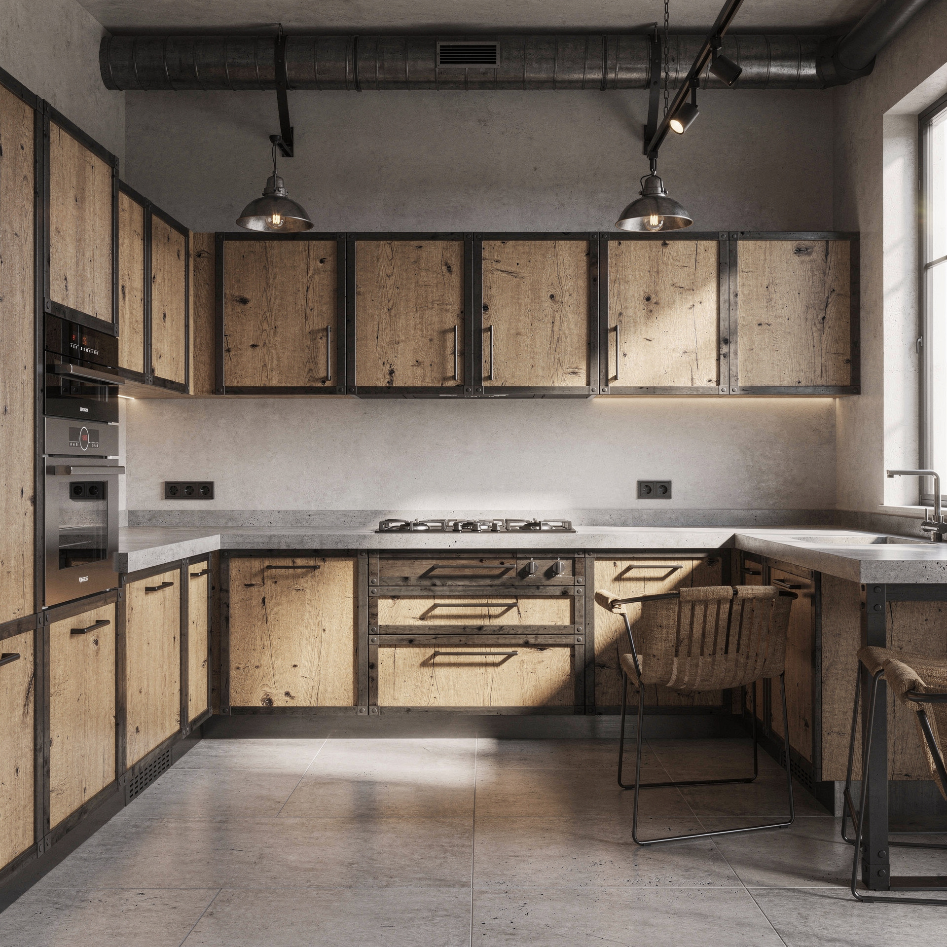 Cocina En U, estilo Industrial